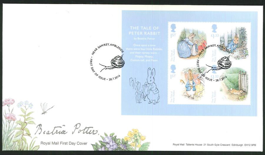 2016 - Beatrix Potter Minisheet First Day Cover, Near Sawrey, Ambleside Postmark